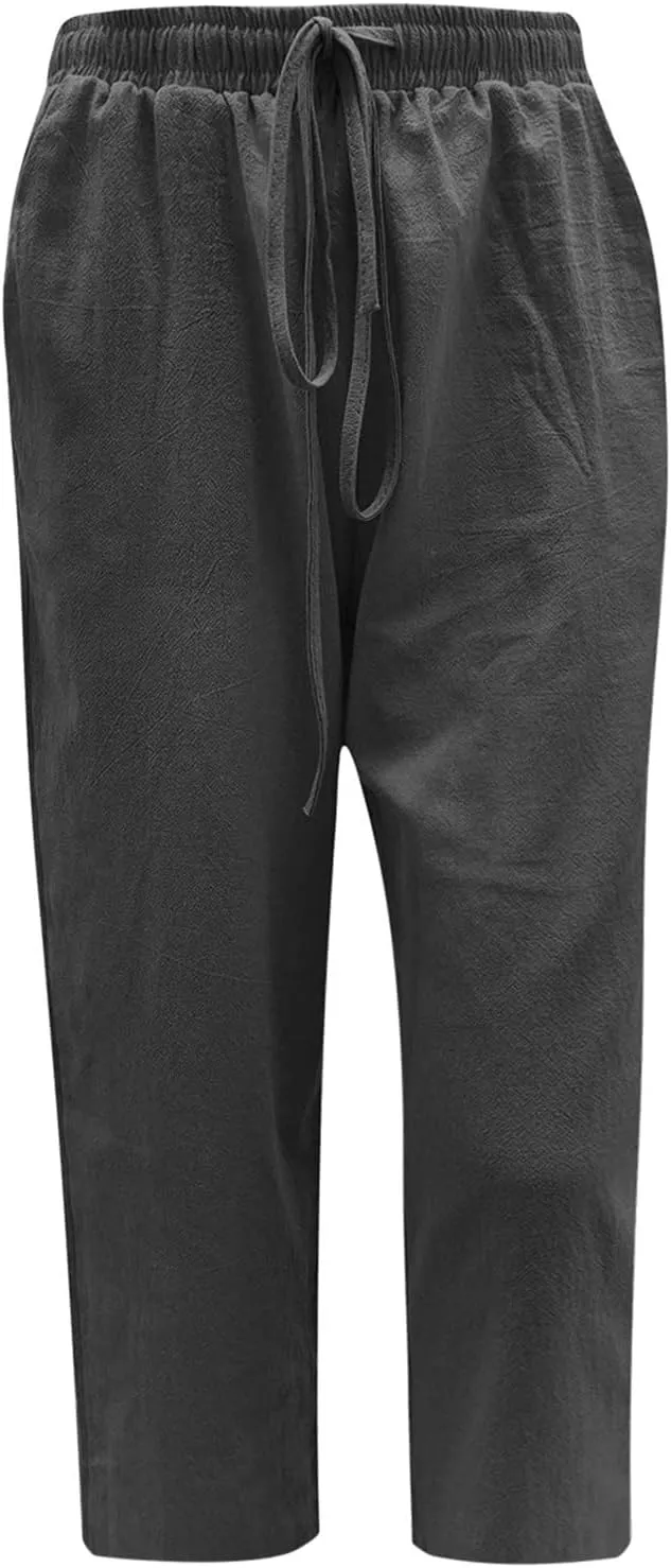 TANGNADE Ladies Capri Pants with Pockets Summer Cotton Linen Pant Loose Comfy Elastic Waist Wide Leg Crop Trouser