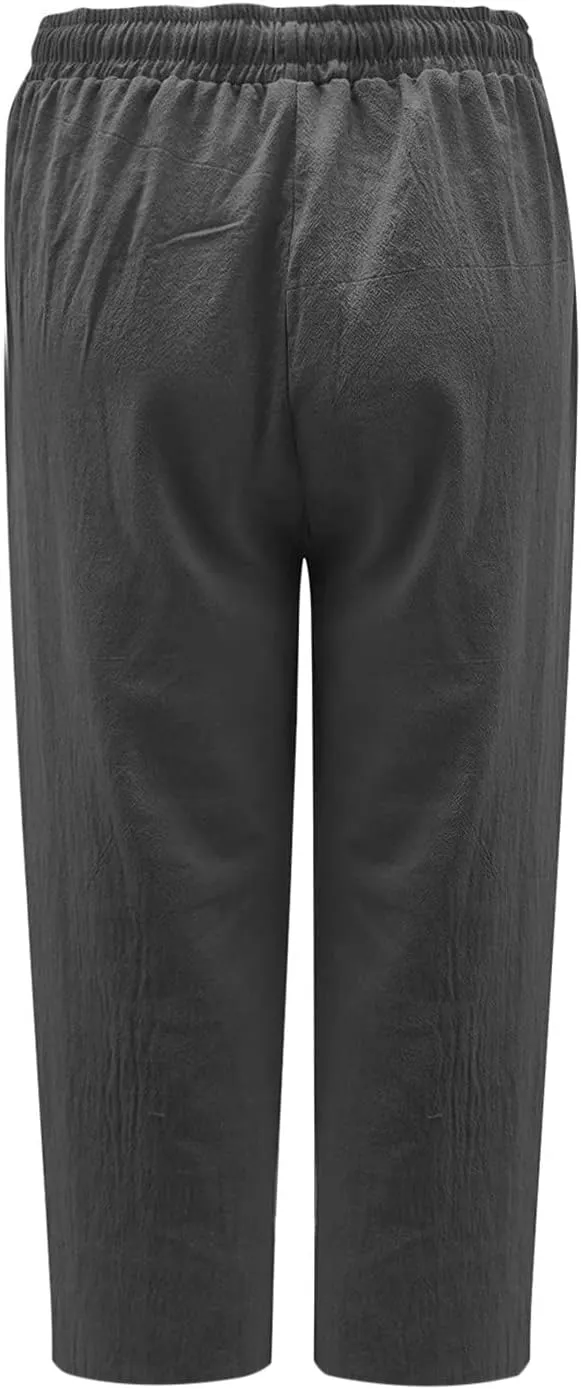TANGNADE Ladies Capri Pants with Pockets Summer Cotton Linen Pant Loose Comfy Elastic Waist Wide Leg Crop Trouser