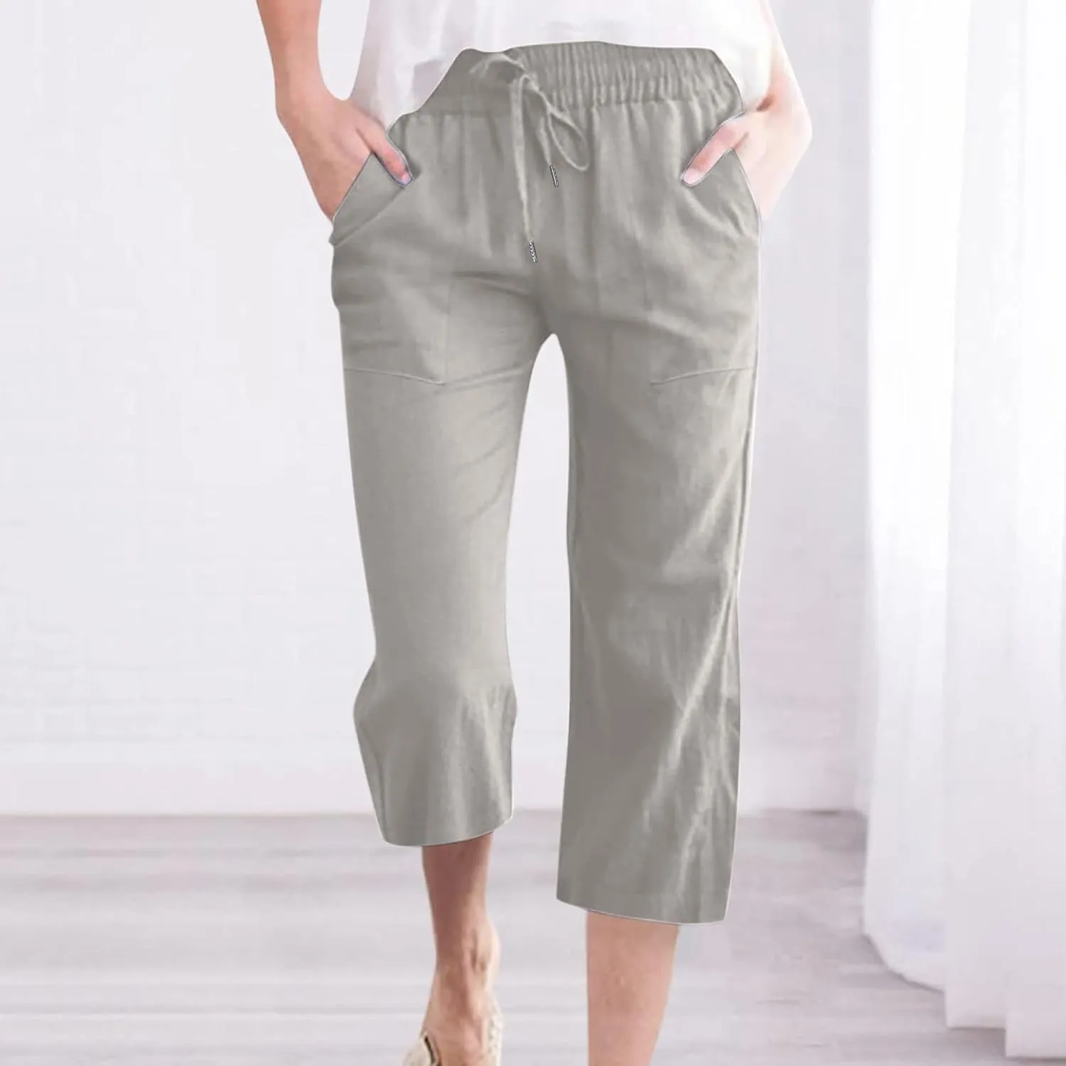 TANGNADE Summer Plus Size Capris for Women Cotton Linen Capri Pants Elastic High Waist Straight Wide Leg Cropped Trouser