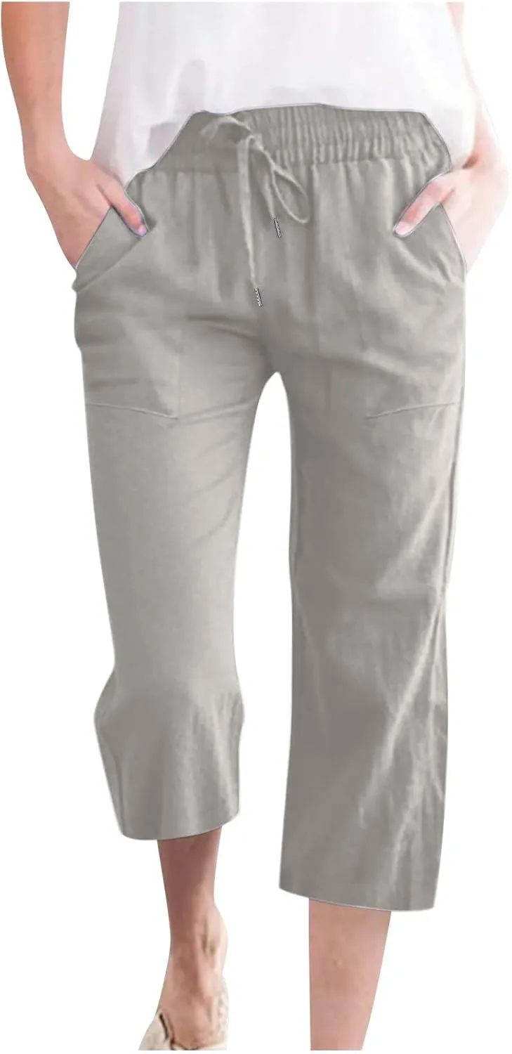 TANGNADE Summer Plus Size Capris for Women Cotton Linen Capri Pants Elastic High Waist Straight Wide Leg Cropped Trouser