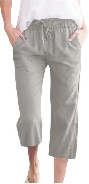 TANGNADE Summer Plus Size Capris for Women Cotton Linen Capri Pants Elastic High Waist Straight Wide Leg Cropped Trouser