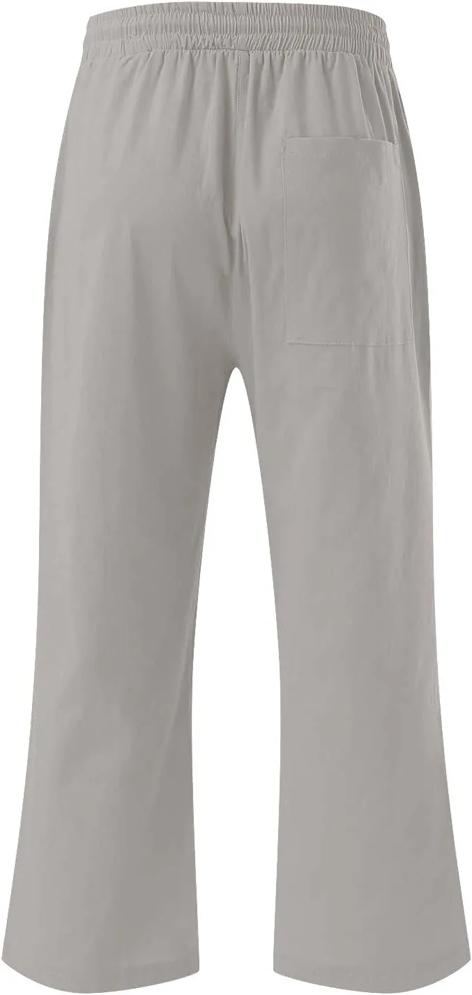 TANGNADE Summer Plus Size Capris for Women Cotton Linen Capri Pants Elastic High Waist Straight Wide Leg Cropped Trouser
