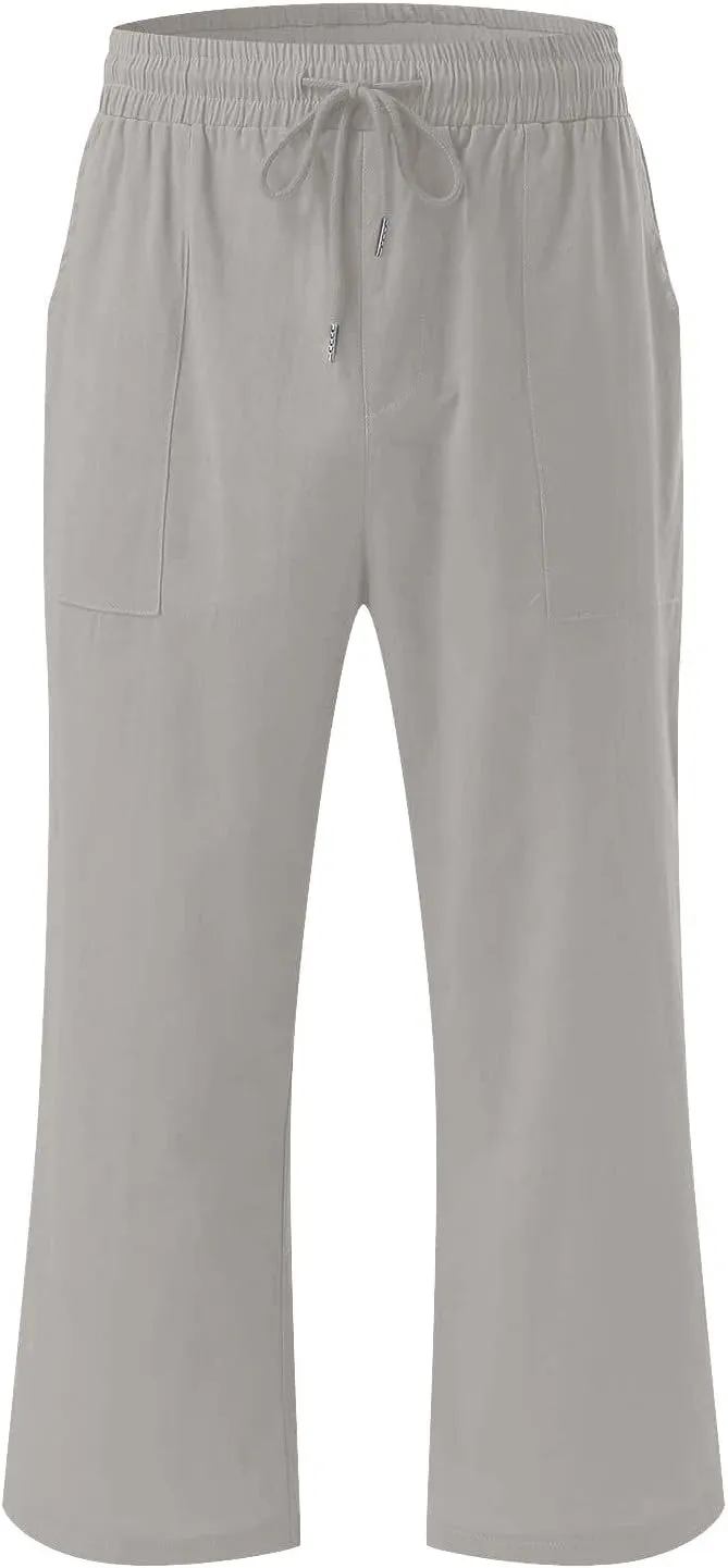 TANGNADE Summer Plus Size Capris for Women Cotton Linen Capri Pants Elastic High Waist Straight Wide Leg Cropped Trouser