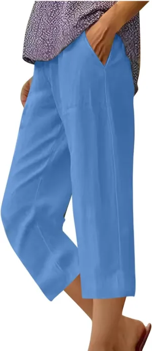 TANGNADE Women Capris for Summer Elastic Waist Loose Fit Capri Cotton Linen Pants Lightweight Casual Travel Ladies Trouser