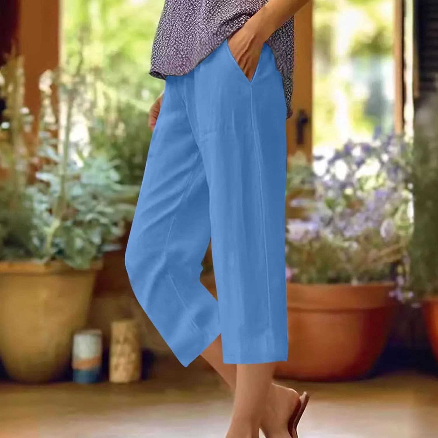 TANGNADE Women Capris for Summer Elastic Waist Loose Fit Capri Cotton Linen Pants Lightweight Casual Travel Ladies Trouser