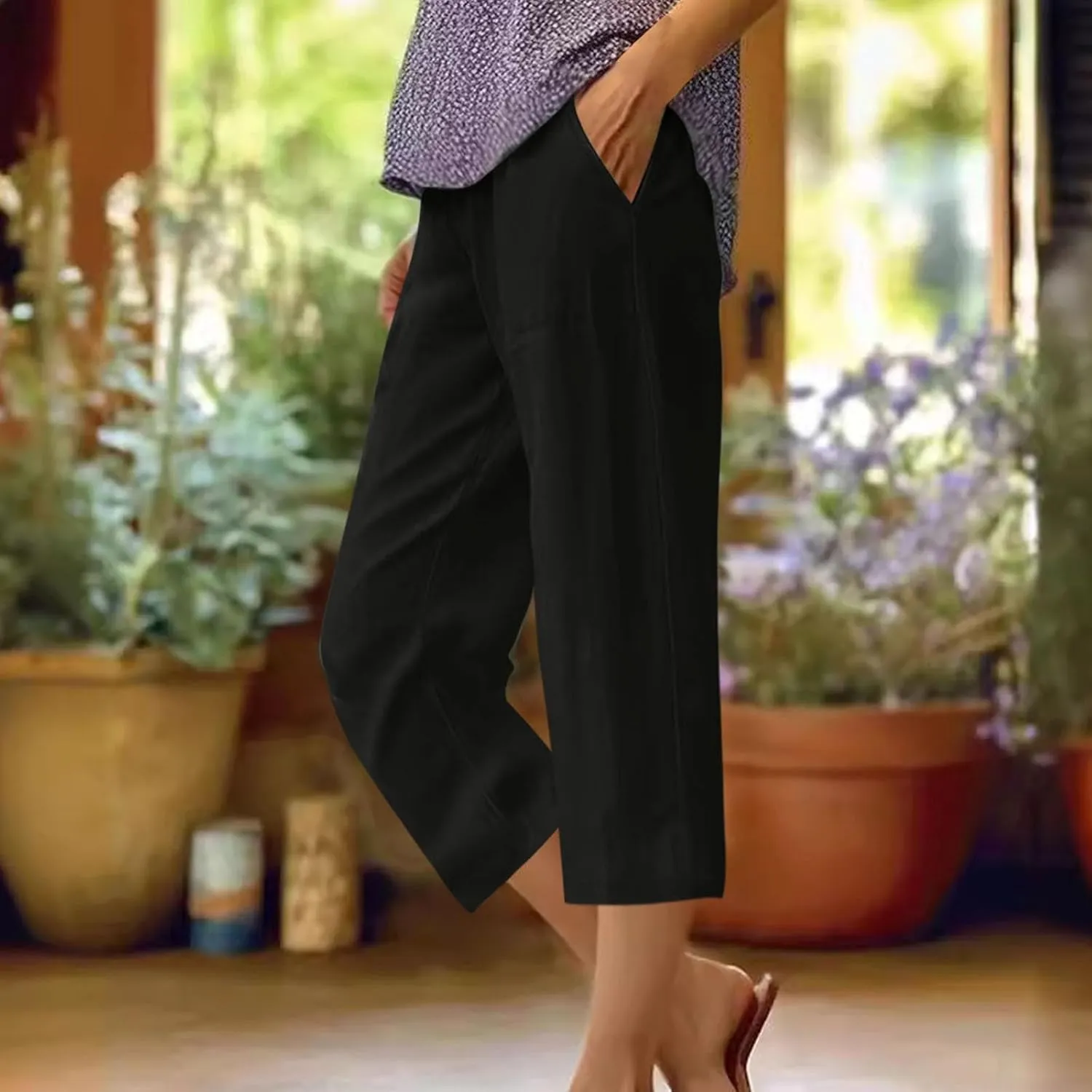TANGNADE Women Capris for Summer Elastic Waist Loose Fit Capri Cotton Linen Pants Lightweight Casual Travel Ladies Trouser