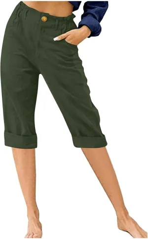 TANGNADE Women's Capris and Cropped Pants Summer Plus Size Knee Length Capri Comfy Elastic Waist Beach Trouser