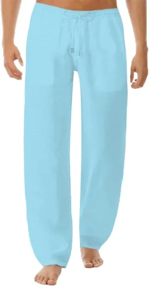 THWEI Linen Pants Mens Casual Drastring Loose Fit Summer Lightweight Beach Pants