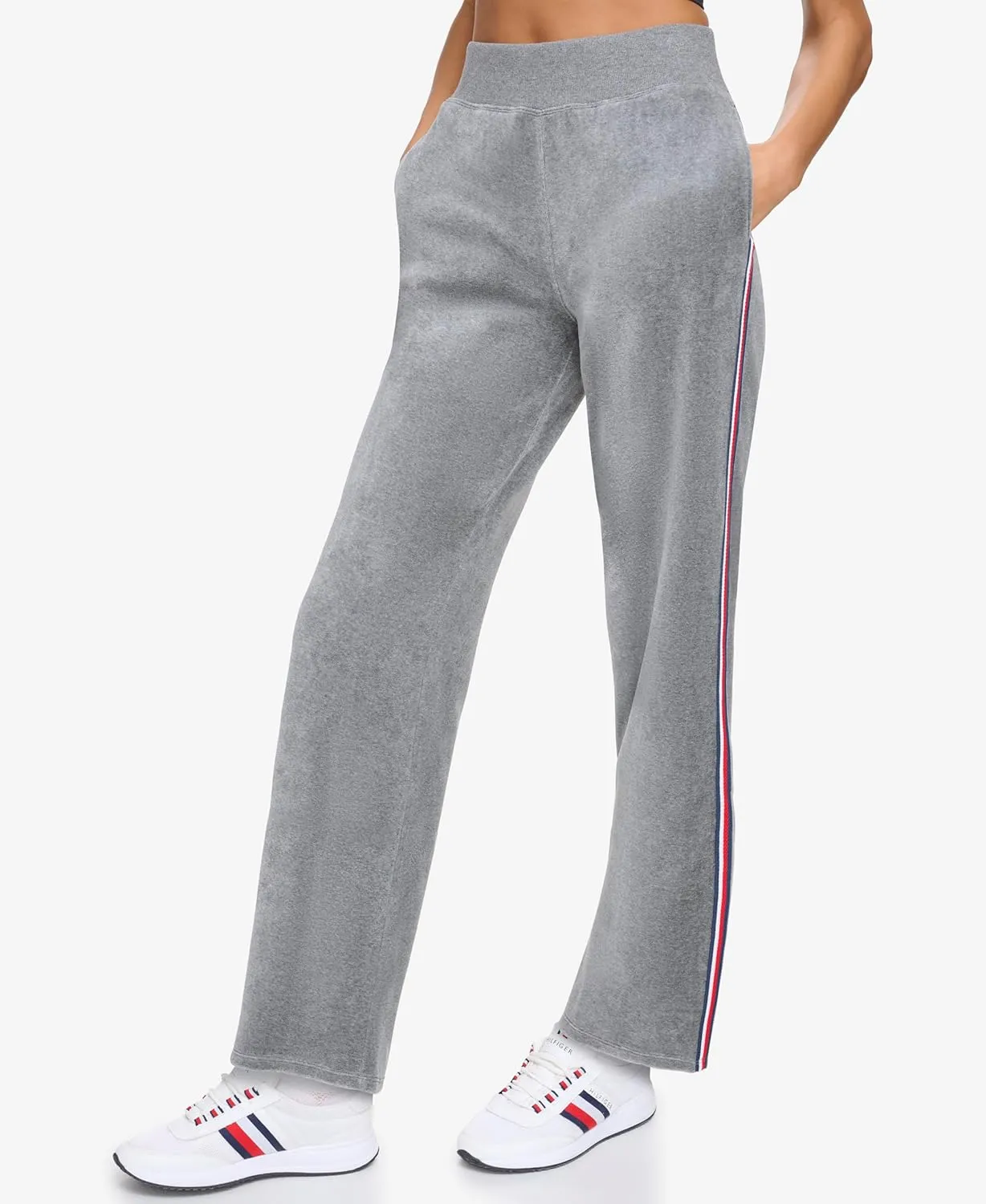 Tommy Hilfiger Women's Global Stripe Mesh Tape Ribbed Waistband Velour Straight Leg Jogger