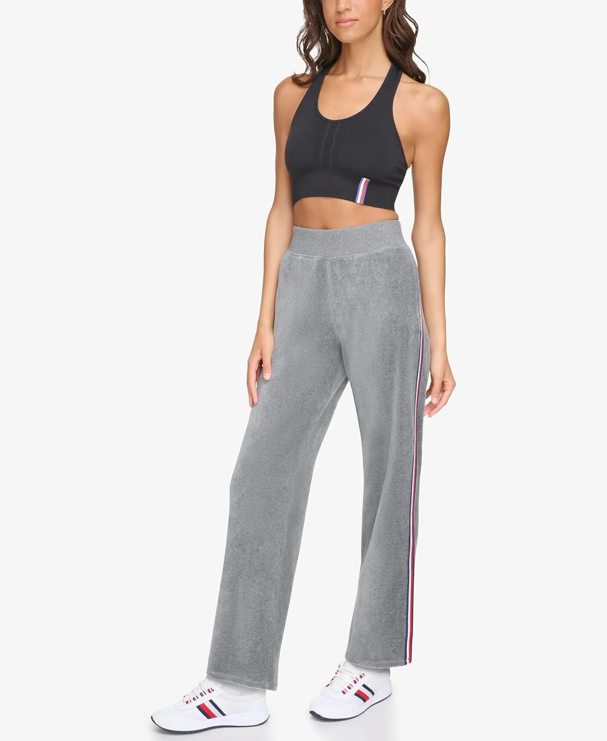 Tommy Hilfiger Women's Global Stripe Mesh Tape Ribbed Waistband Velour Straight Leg Jogger