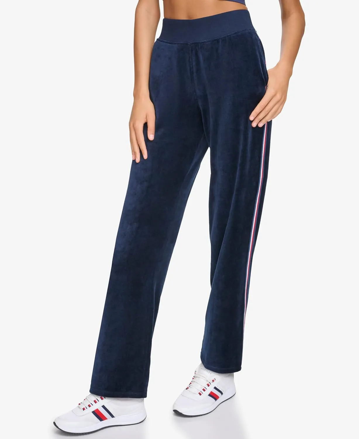 Tommy Hilfiger Women's Global Stripe Mesh Tape Ribbed Waistband Velour Straight Leg Jogger