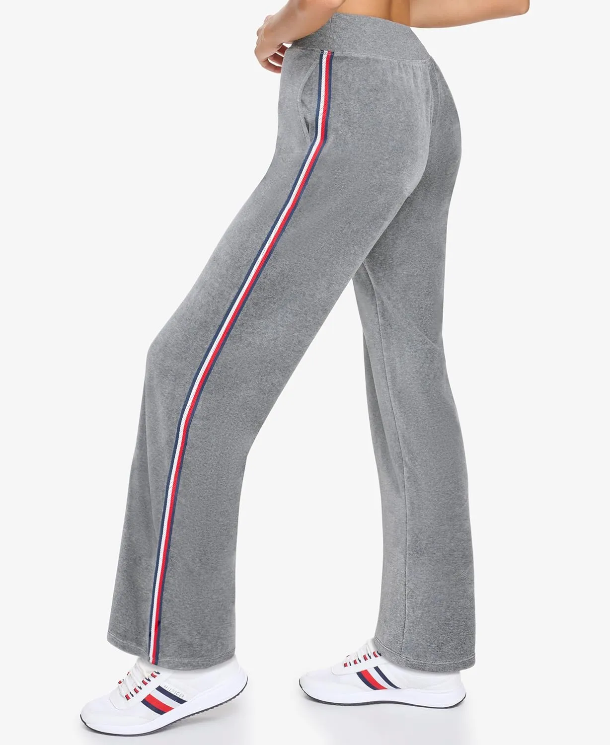 Tommy Hilfiger Women's Global Stripe Mesh Tape Ribbed Waistband Velour Straight Leg Jogger