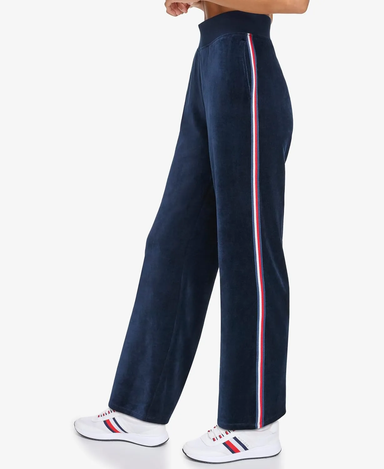 Tommy Hilfiger Women's Global Stripe Mesh Tape Ribbed Waistband Velour Straight Leg Jogger