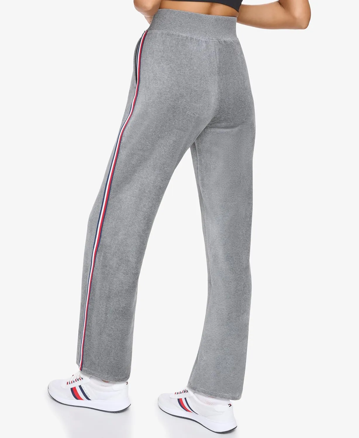 Tommy Hilfiger Women's Global Stripe Mesh Tape Ribbed Waistband Velour Straight Leg Jogger