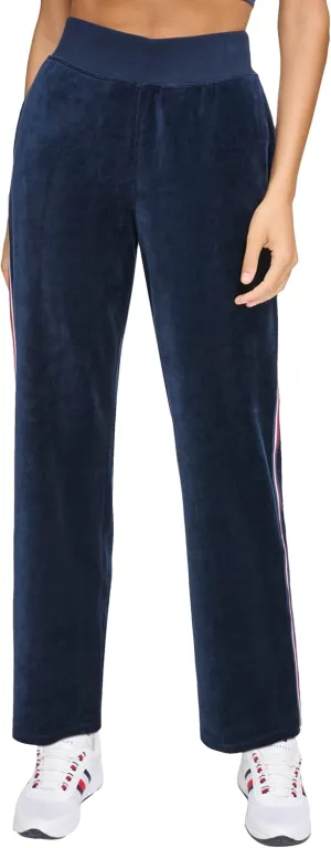 Tommy Hilfiger Women's Global Stripe Mesh Tape Ribbed Waistband Velour Straight Leg Jogger