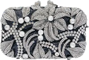 UMREN Elegant Crystal Women Flower Clutch Rhinestone Evening Bag Wedding Bridal Handbag Diamond Floral Purse for Party Prom