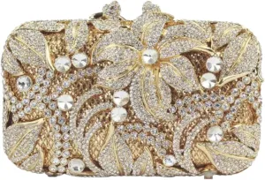 UMREN Elegant Crystal Women Flower Clutch Rhinestone Evening Bag Wedding Bridal Handbag Diamond Floral Purse for Party Prom