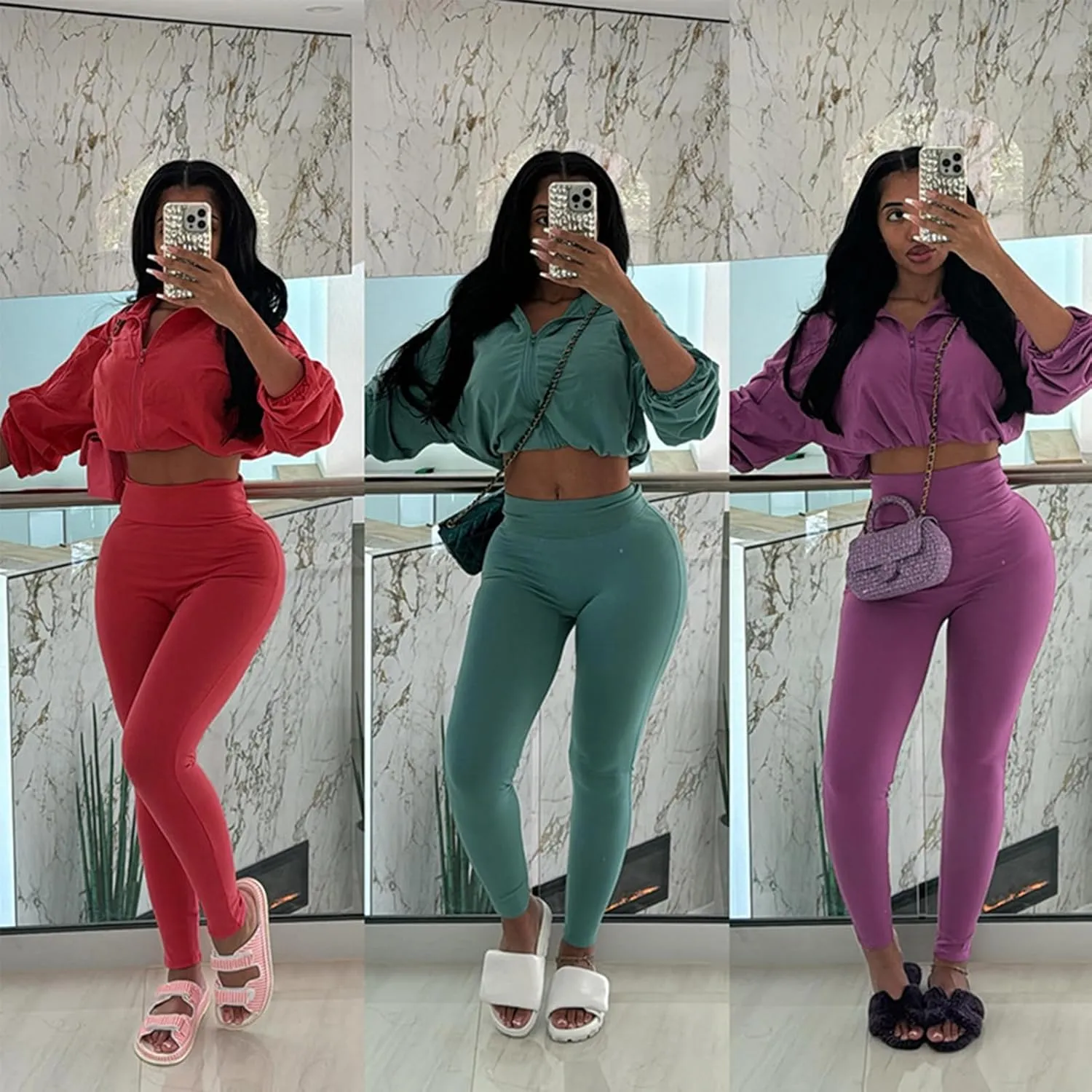 Uni Clau Women 2 Piece Outfits Tracksuit Drawstring Long Sleeve Zip Up Crop Jacket with Bodycon Pant Set Sweatsuit Clothes