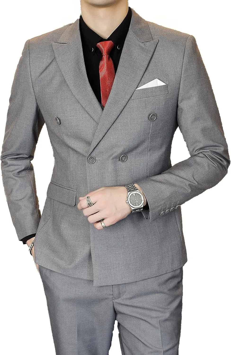 UNINUKOO Mens Suits 2 Piece Double Breasted Tuxedo Suit Slim Fit Wedding Party Dress Formal Suits for Men
