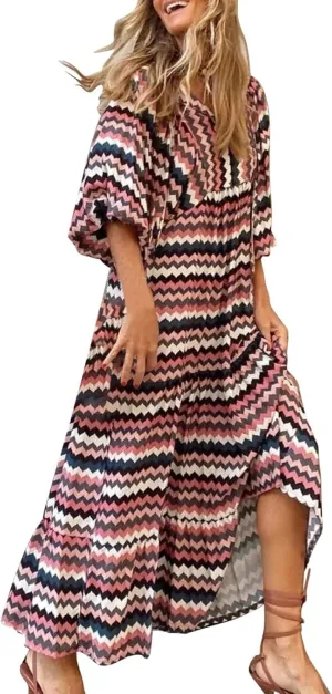 uSecee Boho Dresses for Women 2024 Casual Loose Bohemian Floral Dress Summer Beach Dress A Line Swing Flowy Long Maxi Dress