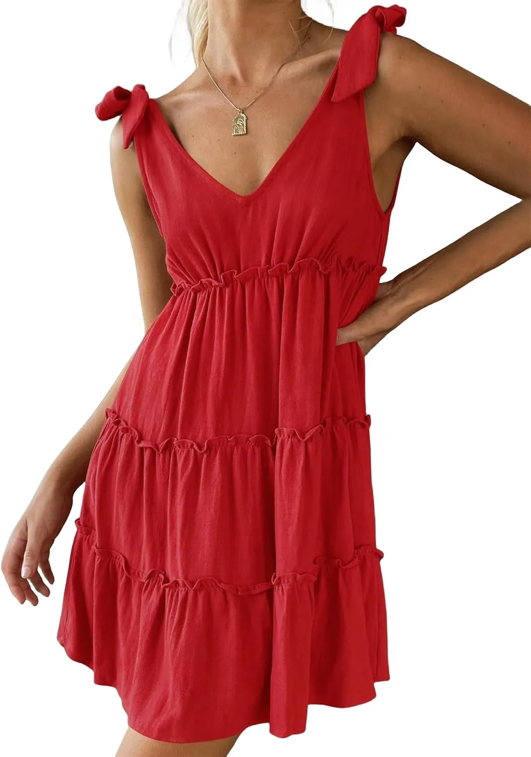 uSecee Summer Dress for Women Tie Shoulder V Neck Sleeveless Tiered Ruffle Swing A Line Short Sundresses Badydoll Mini Dress
