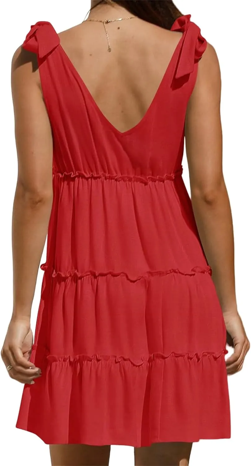 uSecee Summer Dress for Women Tie Shoulder V Neck Sleeveless Tiered Ruffle Swing A Line Short Sundresses Badydoll Mini Dress