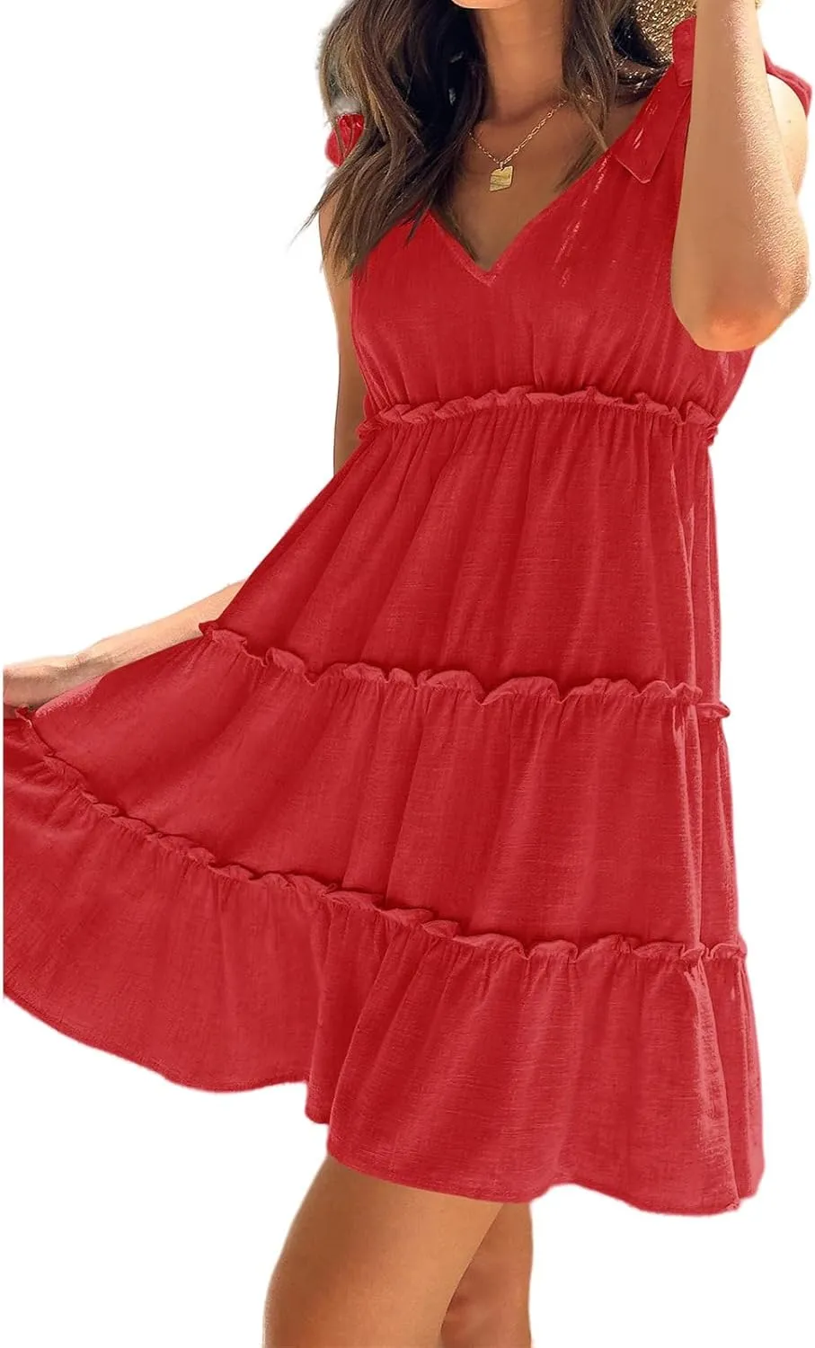 uSecee Summer Dress for Women Tie Shoulder V Neck Sleeveless Tiered Ruffle Swing A Line Short Sundresses Badydoll Mini Dress