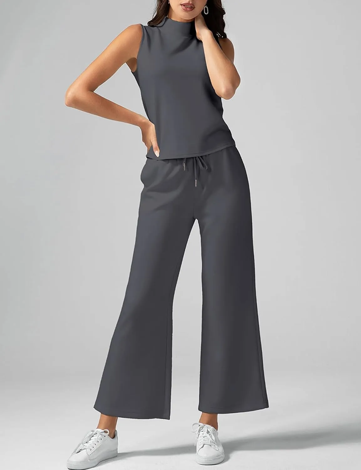 VECVOC Women's Summer 2 Piece Outfits Mock Neck Tank Top Cropped Wide Leg Pants Lounge Sets Tracksuit With Pocket