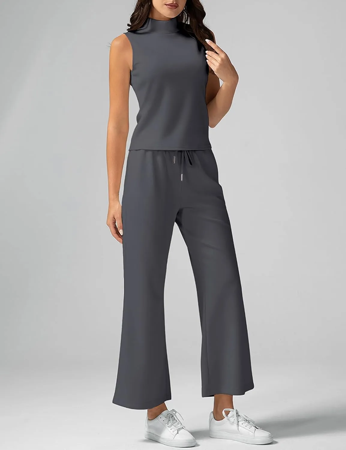 VECVOC Women's Summer 2 Piece Outfits Mock Neck Tank Top Cropped Wide Leg Pants Lounge Sets Tracksuit With Pocket