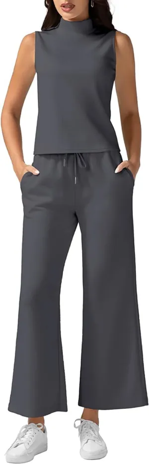 VECVOC Women's Summer 2 Piece Outfits Mock Neck Tank Top Cropped Wide Leg Pants Lounge Sets Tracksuit With Pocket