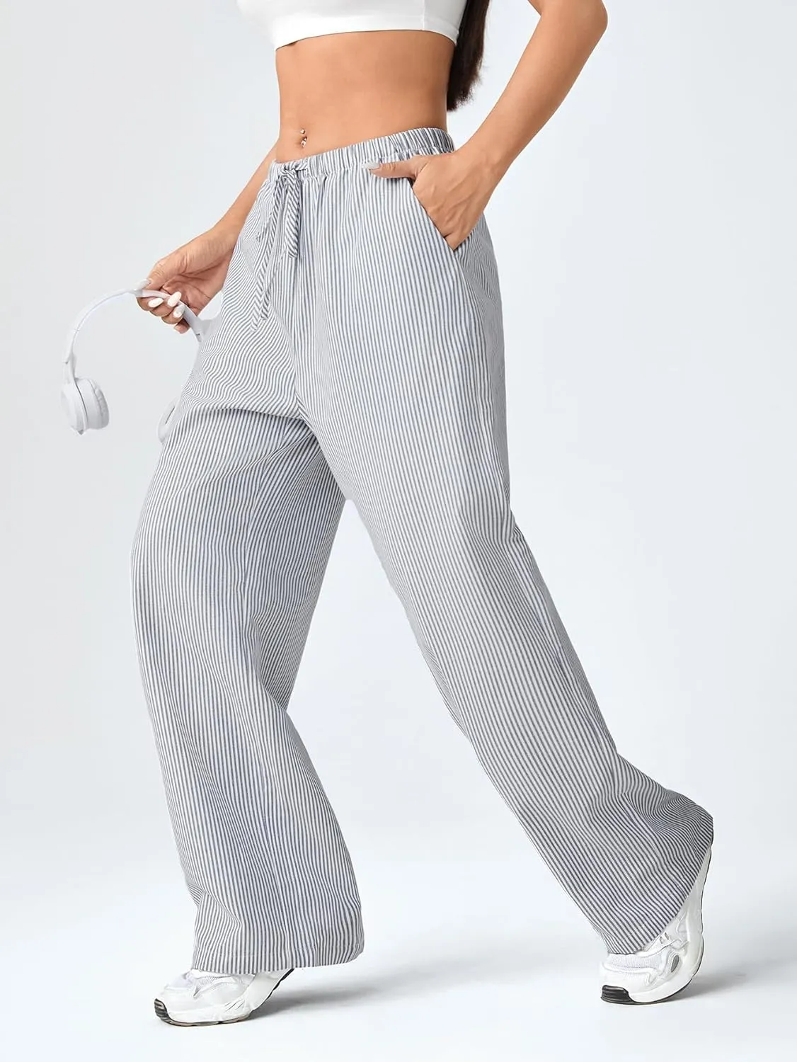 Verdusa Stiped High Waist Pants for Women Loose Lounge Straight Leg Trousers with Pocket