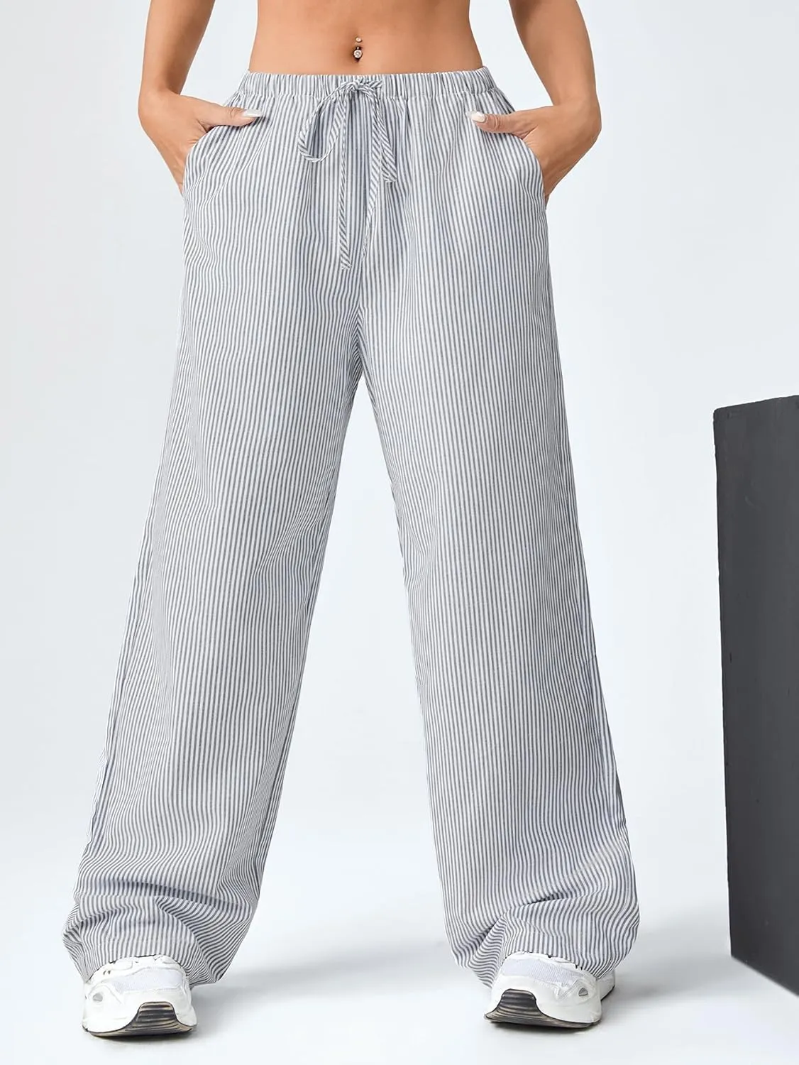 Verdusa Stiped High Waist Pants for Women Loose Lounge Straight Leg Trousers with Pocket