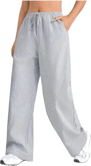 Verdusa Stiped High Waist Pants for Women Loose Lounge Straight Leg Trousers with Pocket