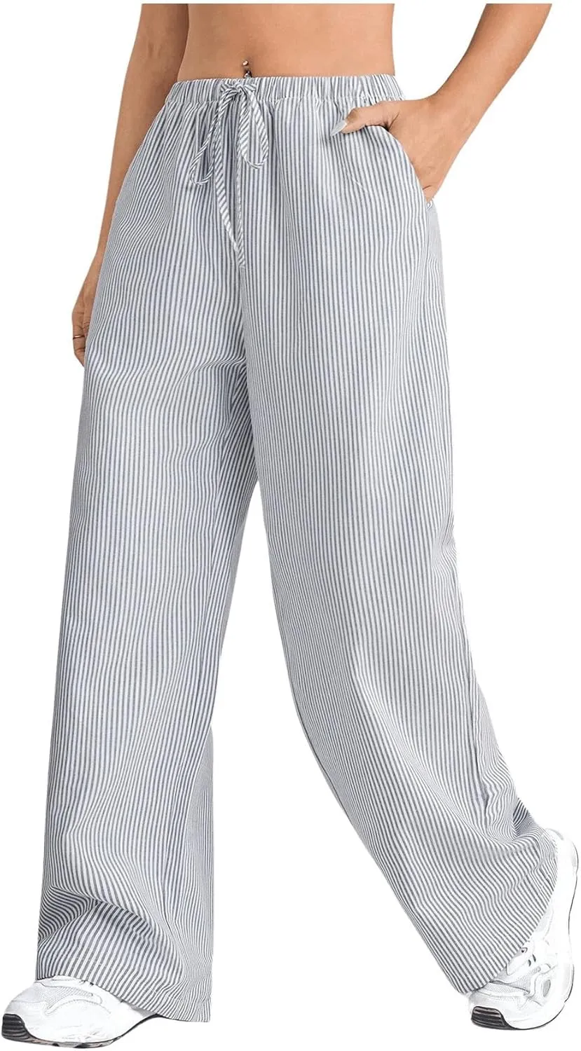 Verdusa Stiped High Waist Pants for Women Loose Lounge Straight Leg Trousers with Pocket