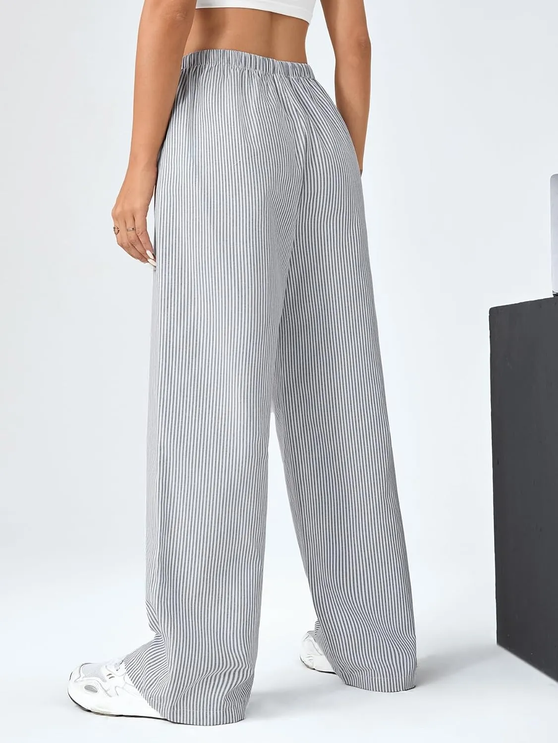 Verdusa Stiped High Waist Pants for Women Loose Lounge Straight Leg Trousers with Pocket
