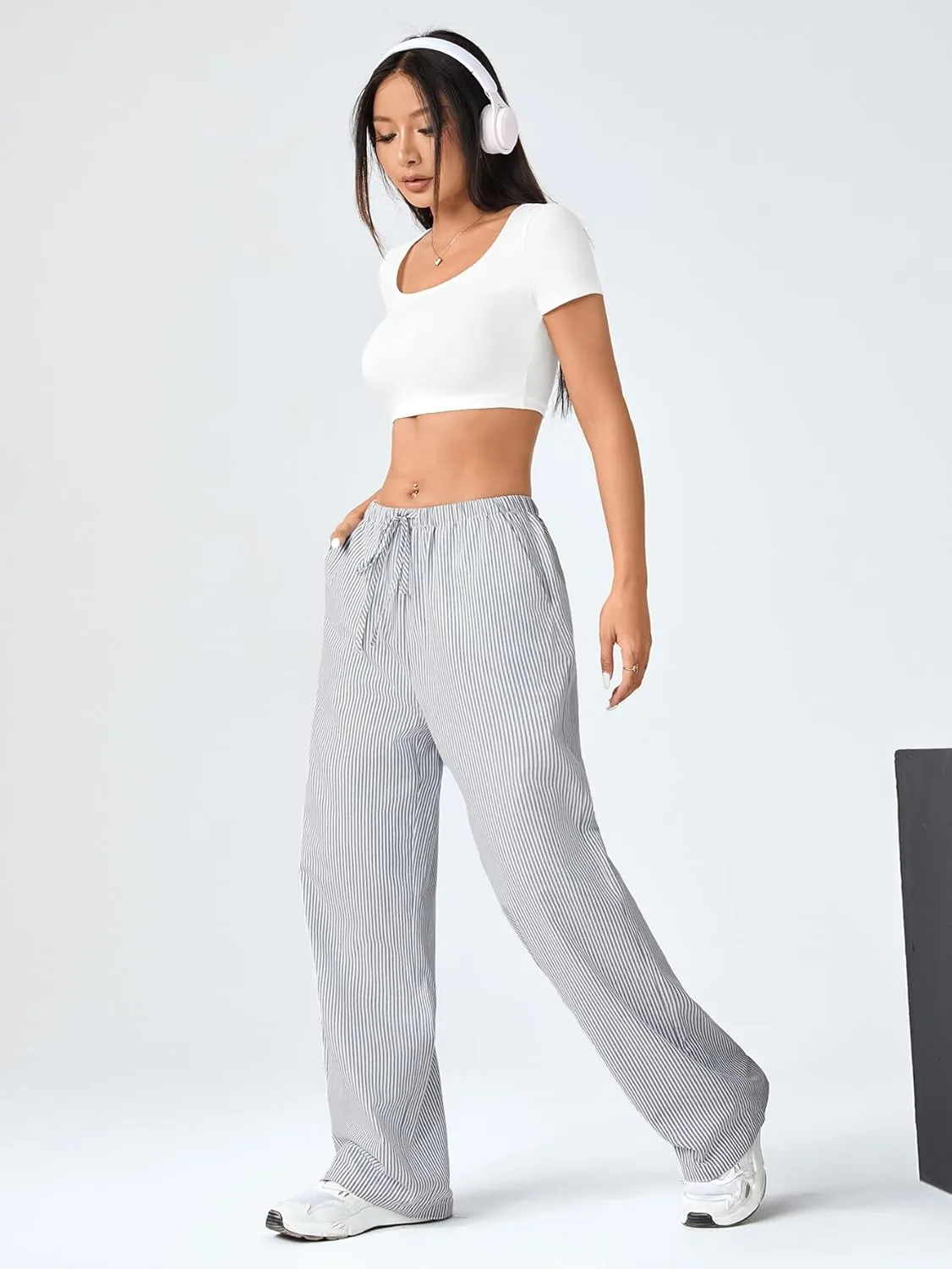 Verdusa Stiped High Waist Pants for Women Loose Lounge Straight Leg Trousers with Pocket