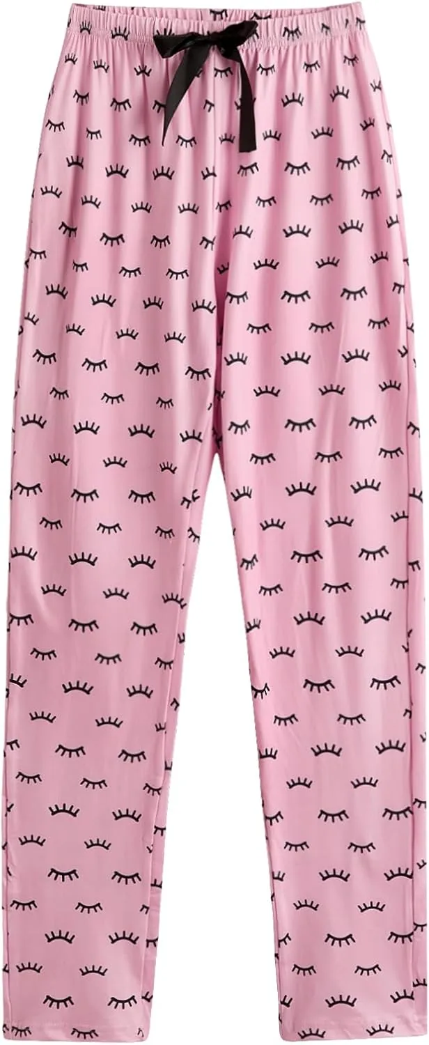 Verdusa Women's 3 Pieces Cute Pajama Sets Graphic Printed Bow Decor Shorts Pants Pjs