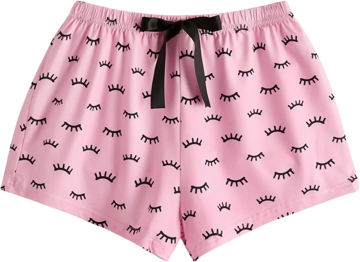 Verdusa Women's 3 Pieces Cute Pajama Sets Graphic Printed Bow Decor Shorts Pants Pjs