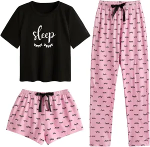 Verdusa Women's 3 Pieces Cute Pajama Sets Graphic Printed Bow Decor Shorts Pants Pjs