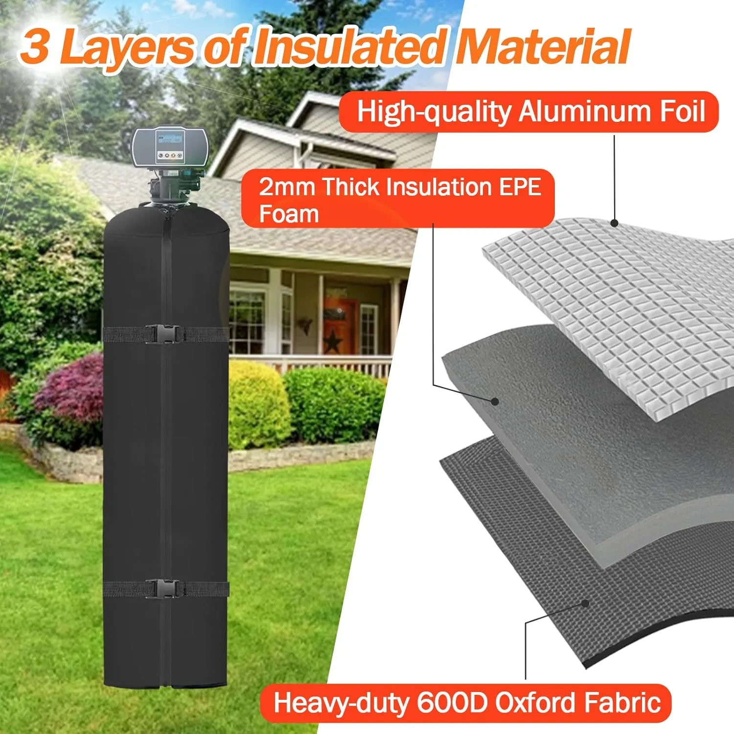 Water Softener Cover Outdoor, 3 Layers Insulation Water Softener Tank Jacket, Heavy Duty Outdoor Insulated Water Softener Tank Cover, Water Softener Covers for Outside Units, 12''D x 52''H- Black