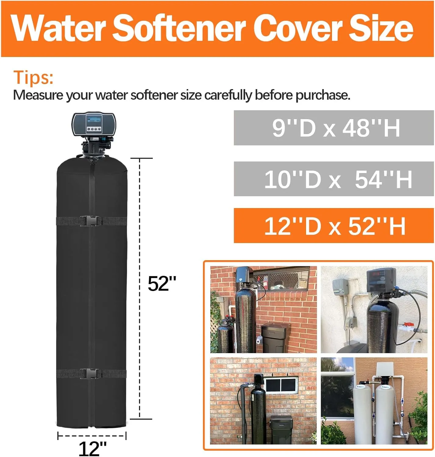 Water Softener Cover Outdoor, 3 Layers Insulation Water Softener Tank Jacket, Heavy Duty Outdoor Insulated Water Softener Tank Cover, Water Softener Covers for Outside Units, 12''D x 52''H- Black