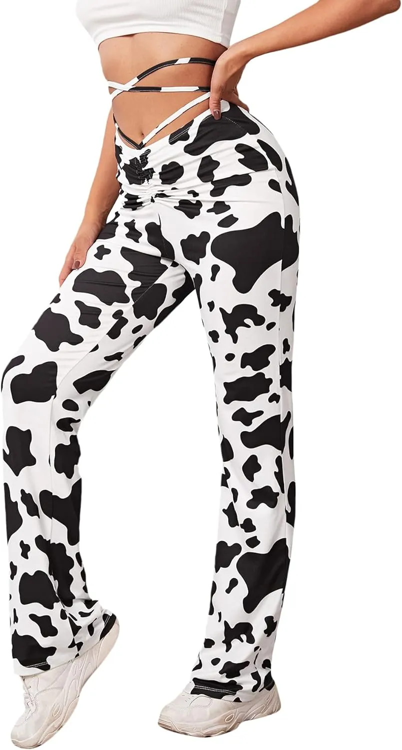 WDIRARA Women's Cut Out Wide Leg Flare Pants High Waist Stretch Self Tie Solid Long Pants
