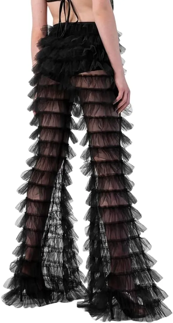 WDPL Women's Tulle Trousers Patchwork Multi-Layer Ruffle Yarn High Waist Female Party Pants