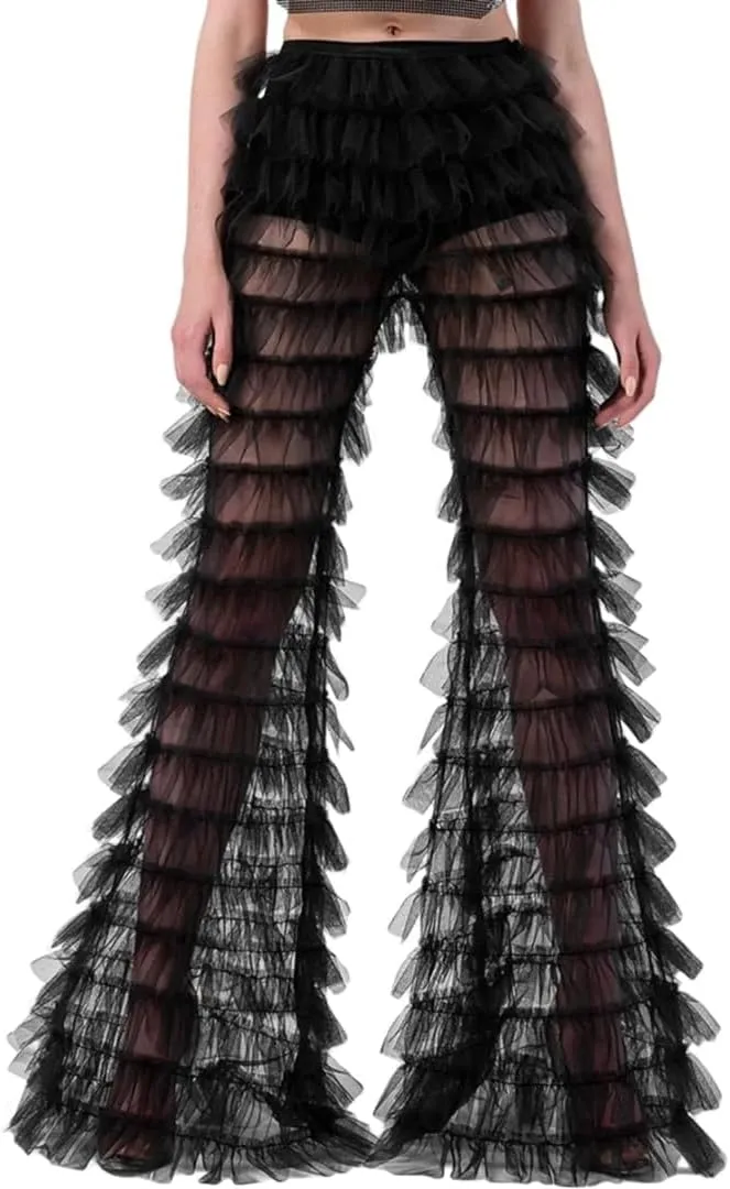 WDPL Women's Tulle Trousers Patchwork Multi-Layer Ruffle Yarn High Waist Female Party Pants