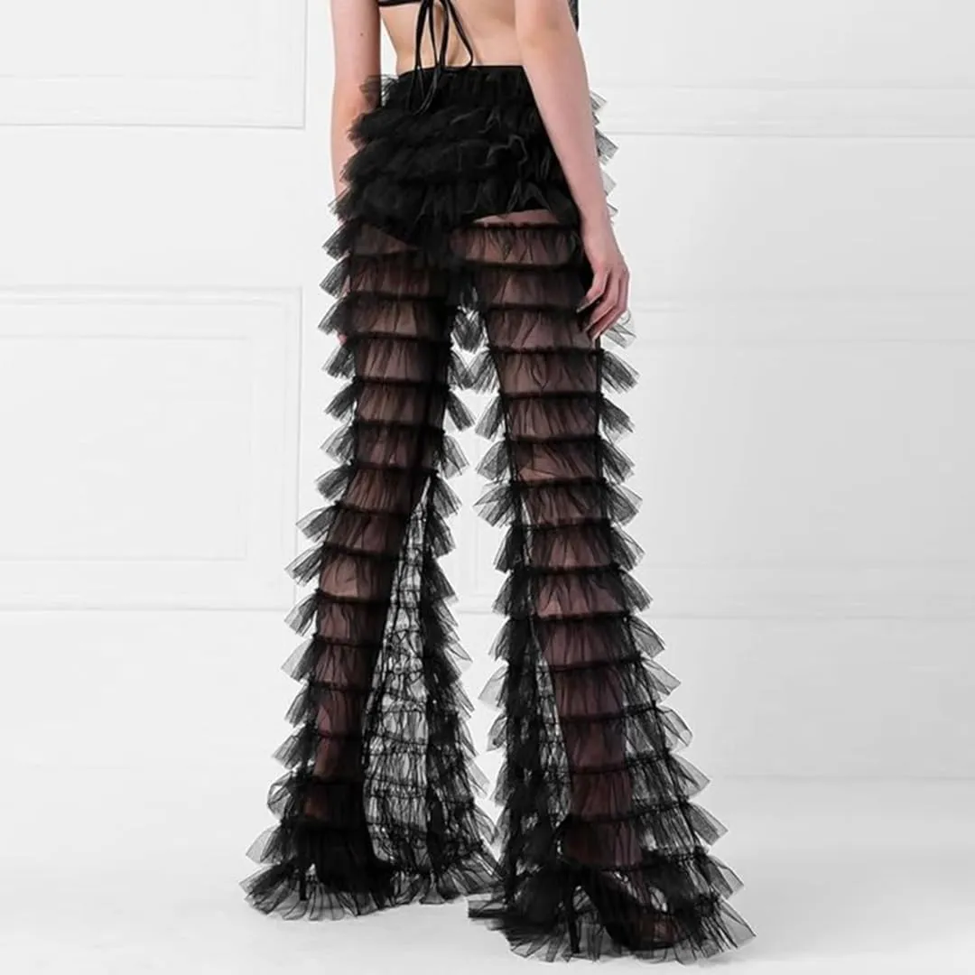 WDPL Women's Tulle Trousers Patchwork Multi-Layer Ruffle Yarn High Waist Female Party Pants