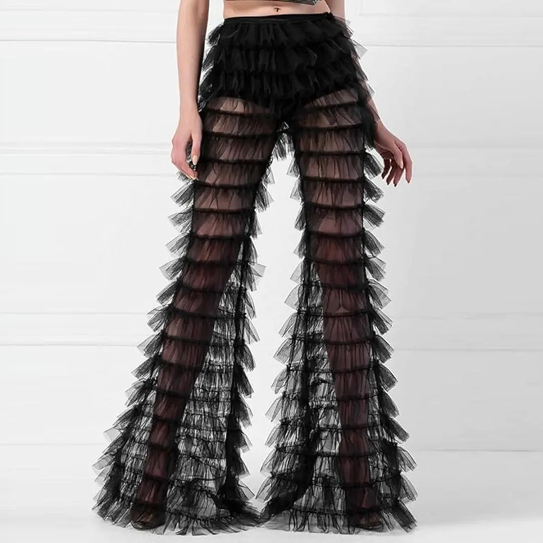 WDPL Women's Tulle Trousers Patchwork Multi-Layer Ruffle Yarn High Waist Female Party Pants