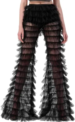 WDPL Women's Tulle Trousers Patchwork Multi-Layer Ruffle Yarn High Waist Female Party Pants