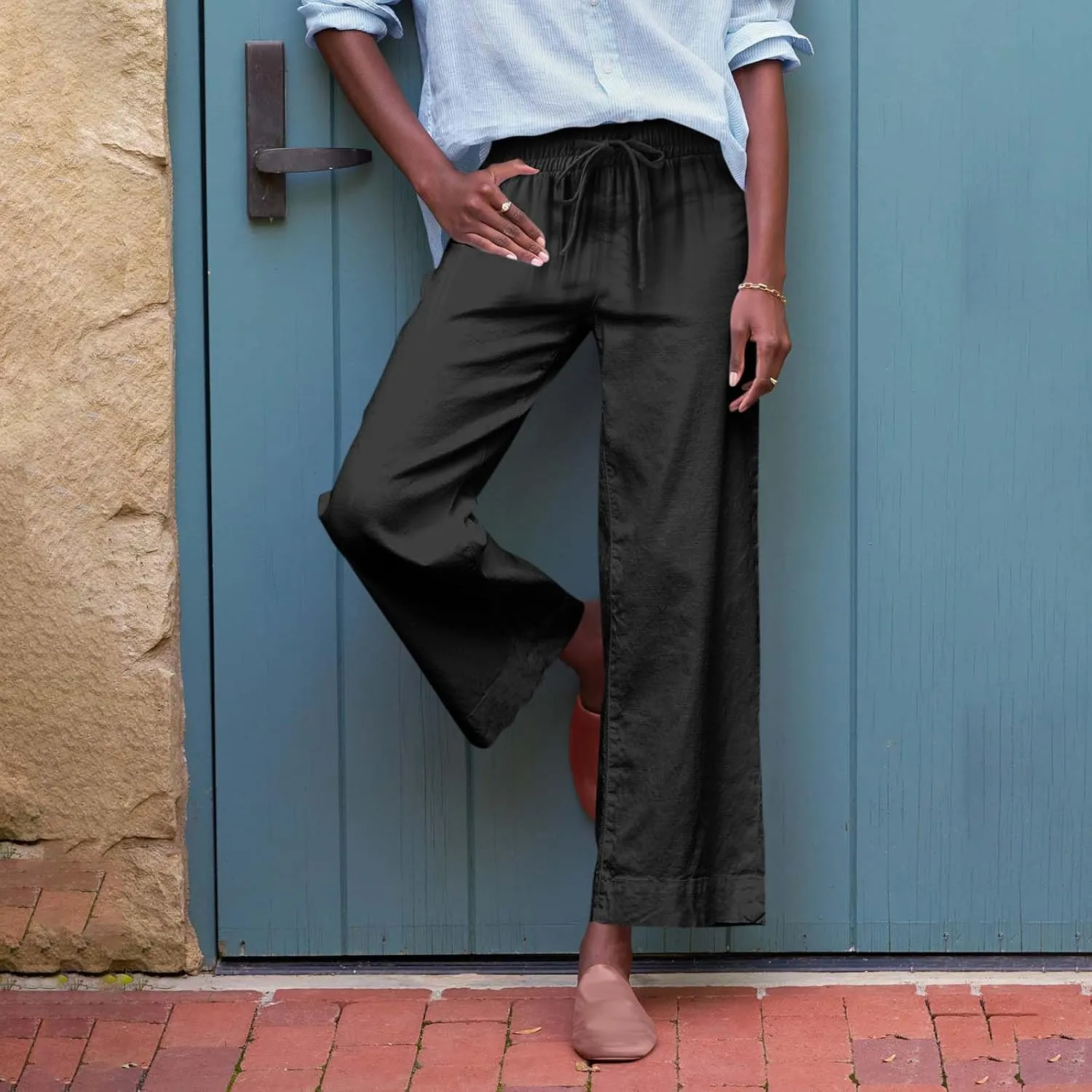 Wide Leg Linen Pants Woman Elastic High Waist Cropped Slacks Trendy Summer Business Casual Work Lounge Trouser Pockets