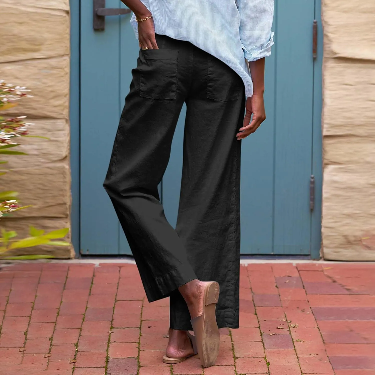 Wide Leg Linen Pants Woman Elastic High Waist Cropped Slacks Trendy Summer Business Casual Work Lounge Trouser Pockets