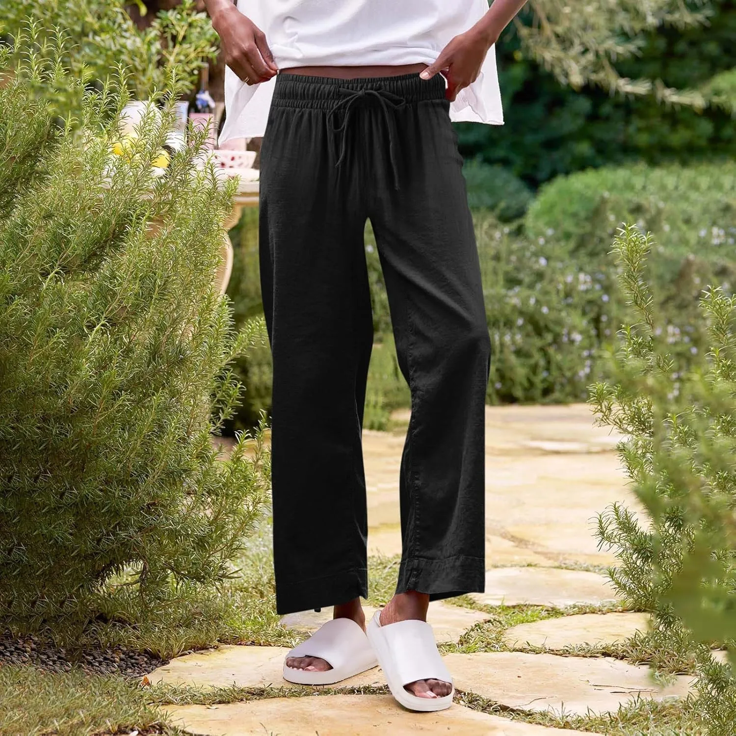 Wide Leg Linen Pants Woman Elastic High Waist Cropped Slacks Trendy Summer Business Casual Work Lounge Trouser Pockets